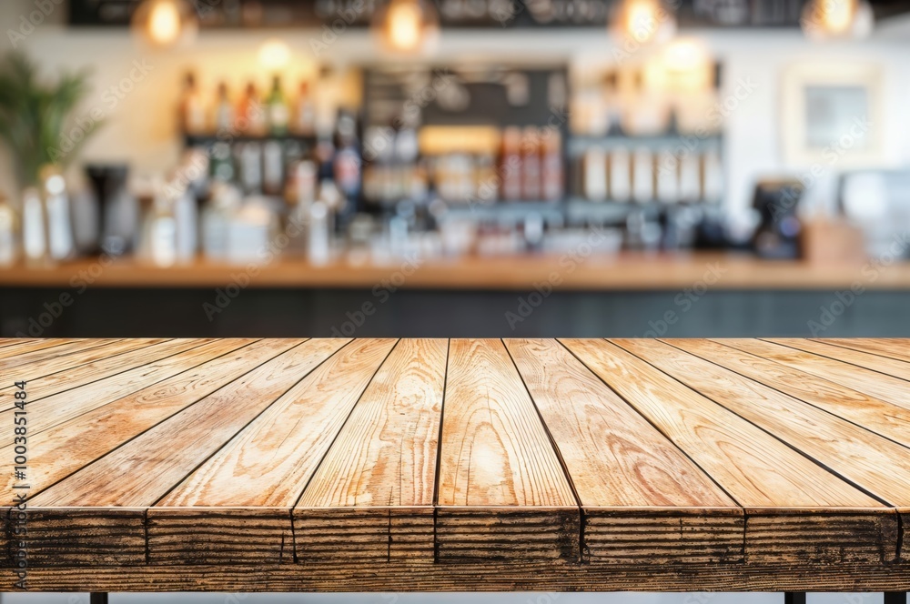 Poster empty wooden tabletop with blurred background of coffee shop bar counter