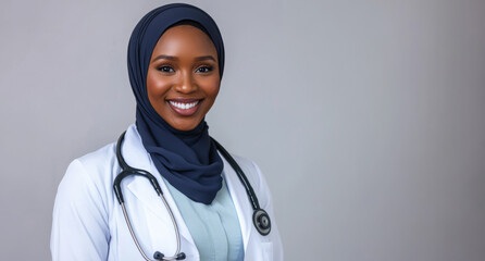 Smiling female doctor wearing a hijab and stethoscope in a clinical setting