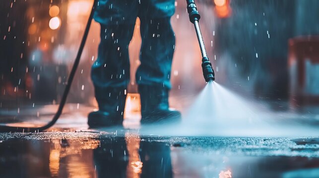 Worker using pressure washer in rain, urban setting, creating a clean surface