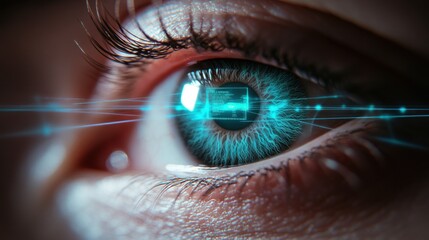 Close-up of a human eye with a futuristic blue data overlay, suggesting concepts of augmented reality, biometric scanning, or advanced technology integration with the human body.