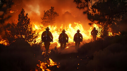 Firefighters Battle Wildfire in Forest, Bravely Facing Flames, Protecting Nature