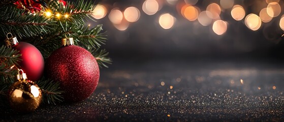 Fototapeta premium A Christmas tree topped with a red ornament and adorned by another hangs from its peak