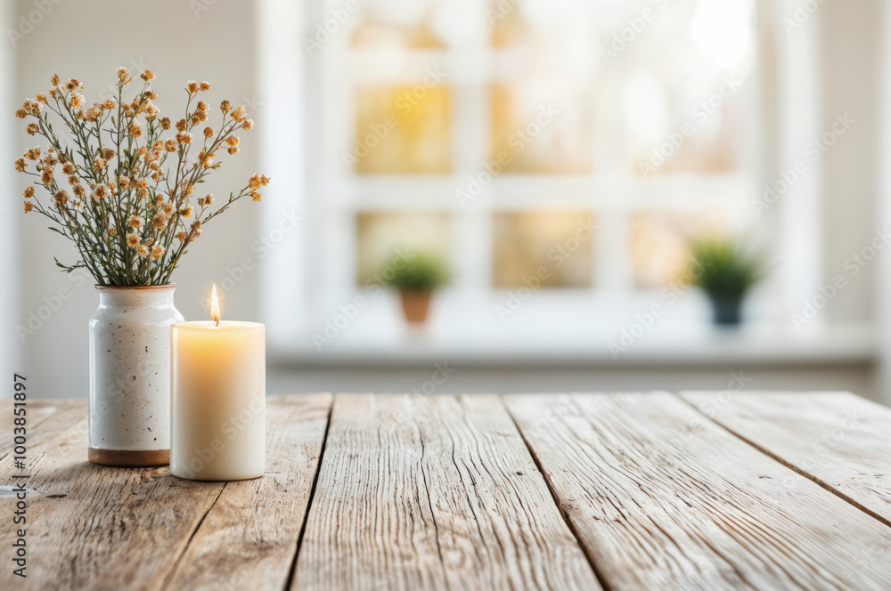 Poster empty wooden table with candle and flowers in front of window