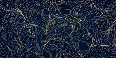 Vector art deco leaves floral pattern, line plant noueveau fancy illustration, luxury gold on blue gradient shiny wavy background. Jungle japanese print.