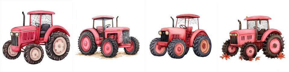 Obraz premium A collection of vintage pink tractors showcasing various designs and sizes, highlighting their classic charm and functionality.