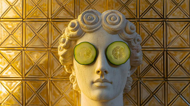 Sculpture of a Roman Bust Relaxing With Cucumber Slices as a Fun and Modern Spa Art Concept. Generative AI