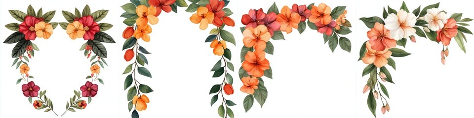 Naklejka premium A vibrant floral garland featuring a variety of colorful flowers and leaves, perfect for decorations and celebrations.