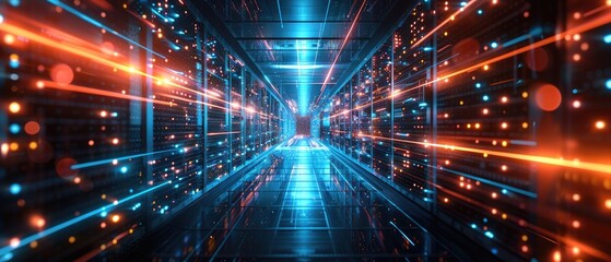 Abstract futuristic corridor with glowing blue and red lights.