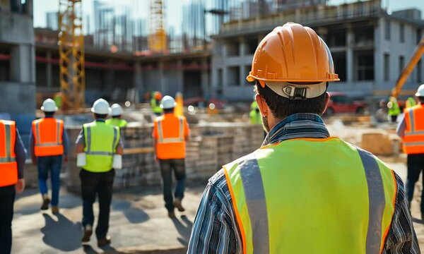 A bustling construction site with workers in safety gear, focused on building and maintaining safety standards