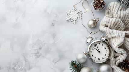 New Year's resolution banner, soft grey background, single ticking clock, clean space for text and goals. 
