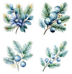 Obraz premium Christmas-themed watercolor clipart hand drawing ideas, Decorated Evergreen Branches – Single branches with Christmas ornaments or lights