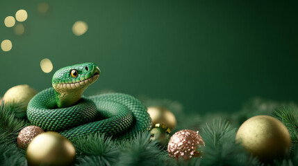 Fototapeta premium A green snake curled among gold ornaments on festive green foliage during the holiday season