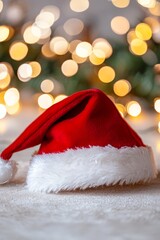  A red-and-white Santa hat sits atop a table near a Christmas tree adorned with lights