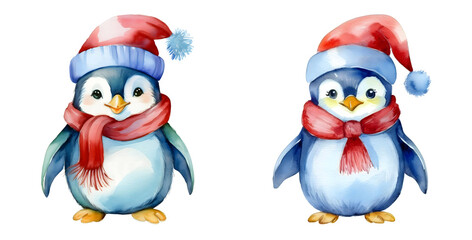Fototapeta premium Christmas-red color themed watercolor cute clipart hand drawing Penguin, Dressed in a Christmas hat or scarf