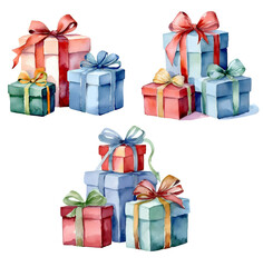 Fototapeta premium Christmas-red color themed watercolor cute clipart hand drawing, Gift Boxes – Wrapped in colorful paper and ribbons