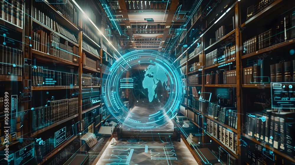 Poster futuristic library with holographic catalog system displaying book information and availability
