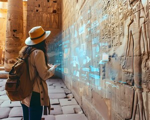 Tourist Exploring Historical Site with Holographic Guide and 3D Reconstructions