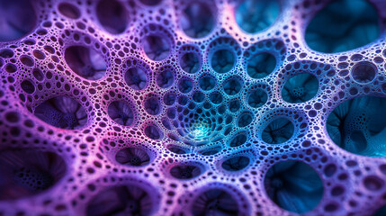 Abstract cellular structure, bioluminescent organisms, microscopic view, vibrant purple and blue colors, intricate network of bubbles, organic patterns, fractal-like formations, glowing membranes,