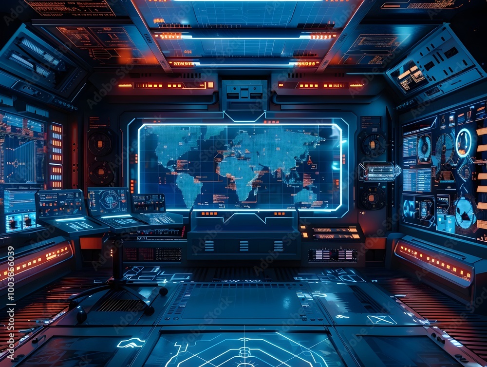 Poster futuristic holographic control room with digital system interfaces and mission data displays