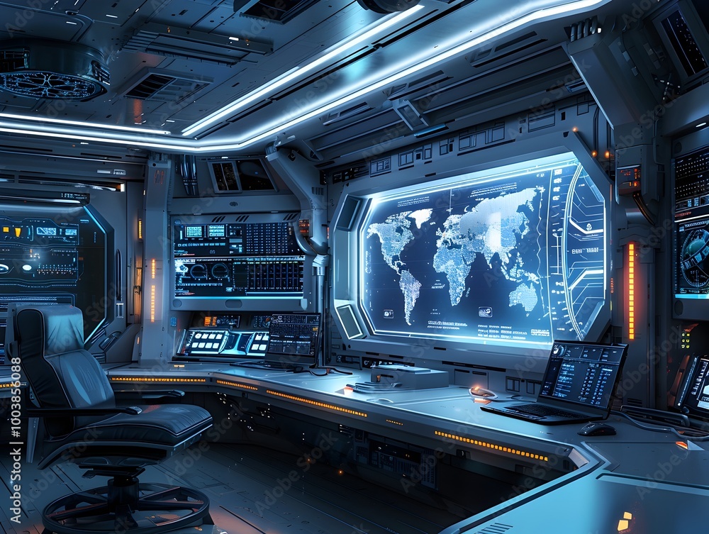 Poster futuristic space station control room with holographic interface displaying system status and missio
