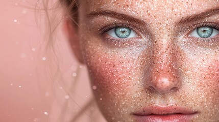  A tight shot of a woman's face, generously dotted with freckles