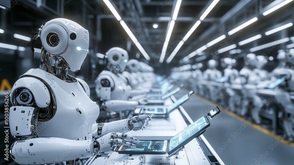Poster robots working on assembly line in a modern automated factory during daytime