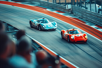 A racing car drives fast on a track in a competition. Extreme speed sport.