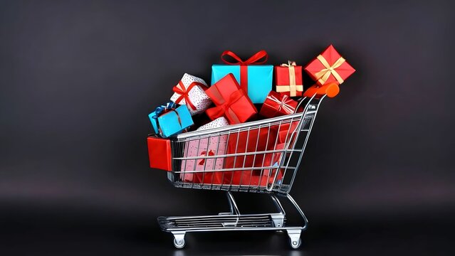 Store shopping cart full of gift boxes on dark copy space background, concept of promotion sale in holiday season, black friday - Christmas  new year customers purchase for festive celebration