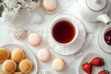Flat lay of elegant tea, afternoon tea on white marble background luxury concept.