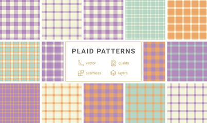 A collection of plaid patterns with colorful checks, ideal for textile, fabric, clothing, or celtic-inspired backgrounds.