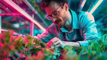 Futuristic Farmer Inspecting Genetically Enhanced Crops in Controlled Farm Environment