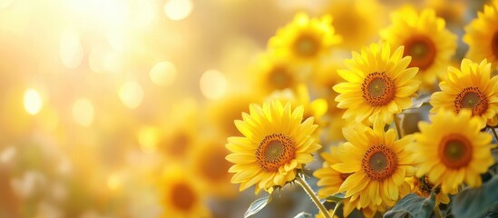 Obraz premium Bright Sunflowers in a Sunlit Field with a Warm Golden Glow and Soft Focus Background