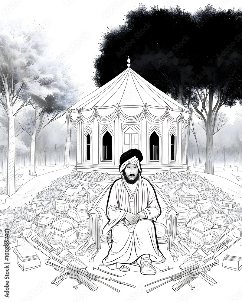 Poster a man sits in front of a large tent with a picture of a man reading a book.