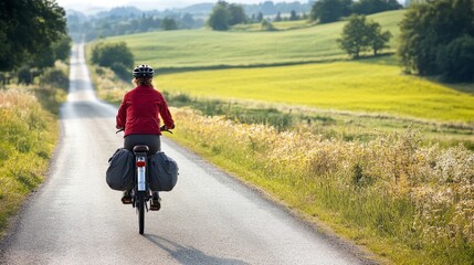 Obraz premium Biker traveling on a scenic rural road surrounded by green fields