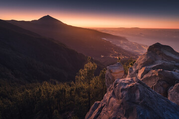 Beautiful sunset from one of the viewpoints. View of Teide and most of the island of Tenerife.