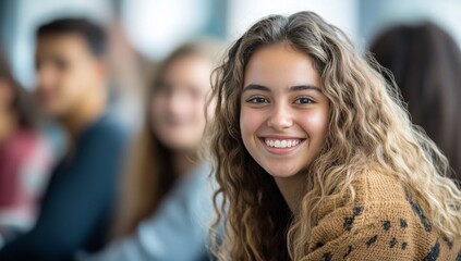 A young woman with long, curly blonde hair smiles brightly while looking at the camera.