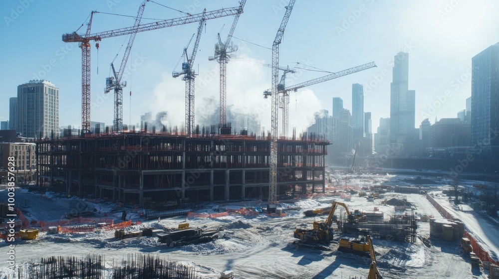 Poster A construction site with a large building in the background