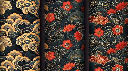 Asian patters set of Chinese or Japanese seamless traditional background