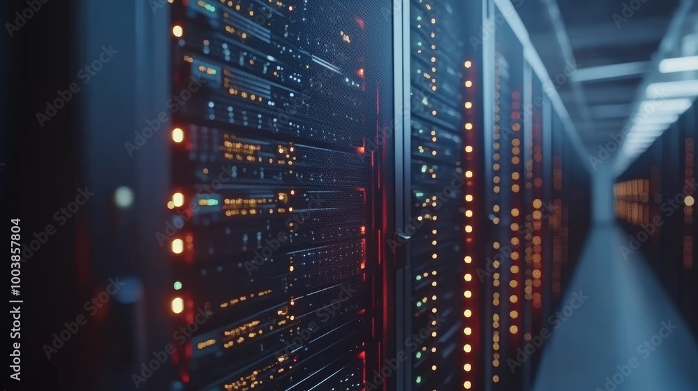 Poster modern data center with rows of network and server racks, it infrastructure, big data concept.
