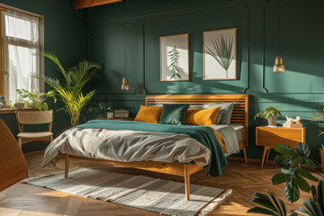 A bedroom with a green wall and a bed with a green comforter