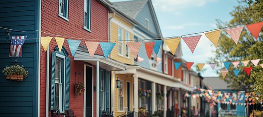 Obraz premium Triangle ribbon decoration on festival with classic old house buildings. Generative AI technology. 