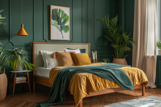 A bedroom with a green and yellow bedspread and pillows