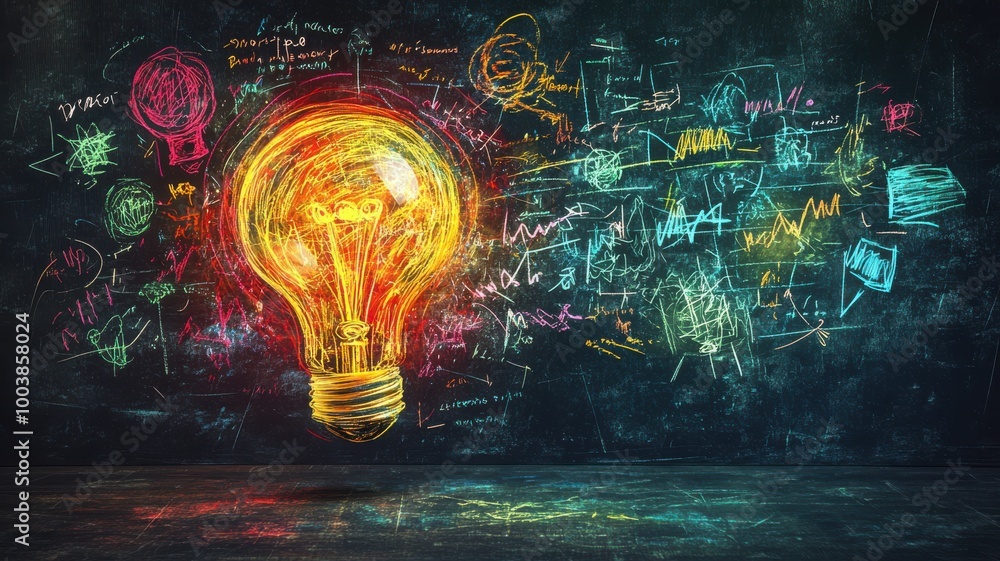 Poster illuminated light bulb with colorful digital sketches on dark background.