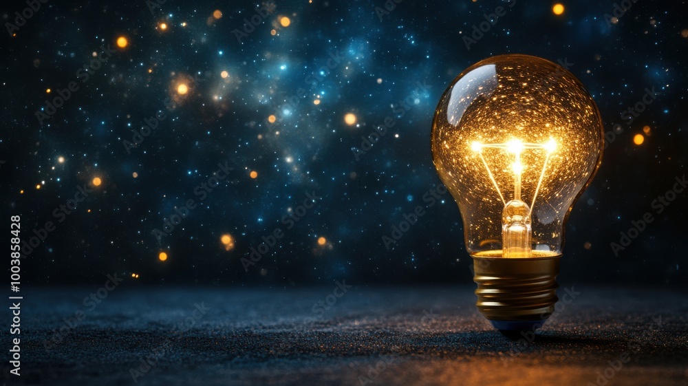Poster illuminated light bulb with glowing filament on dark background with starry effects.