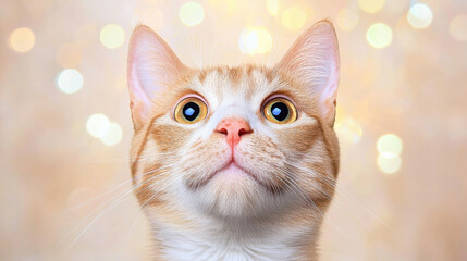A close-up of a curious ginger cat gazing upward with sparkling background lights