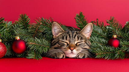 A striped cat peacefully rests among Christmas decorations and evergreen branches