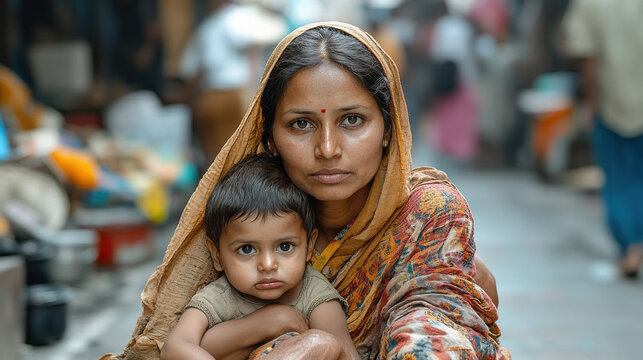 A woman and a child are standing in a market