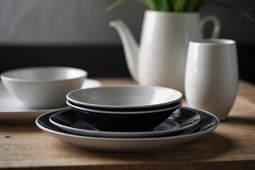 Minimalist dinnerware set in black and white tones arranged on wooden surface