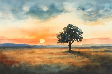 Fototapeta premium A lone tree stands tall against the setting sun.