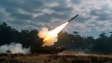 Obraz premium Military mobility artillery rocket system launch missile creating fiery trail in sky, demonstrating powerful defense technology